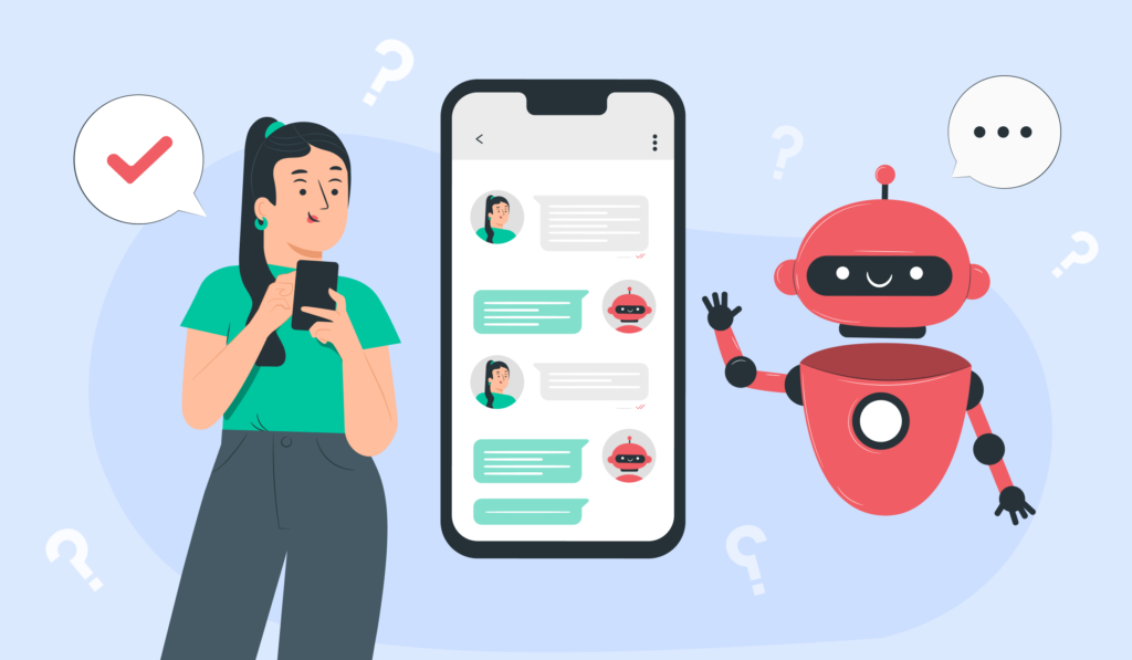 Женщина общается с ИИ-чат-ботом на экране смартфона.