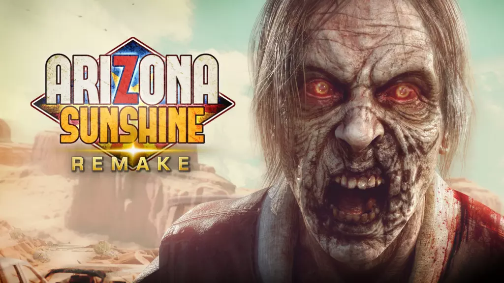 Логотип игры Arizona Sunshine Remake с изображением зомби на фоне пустыни.