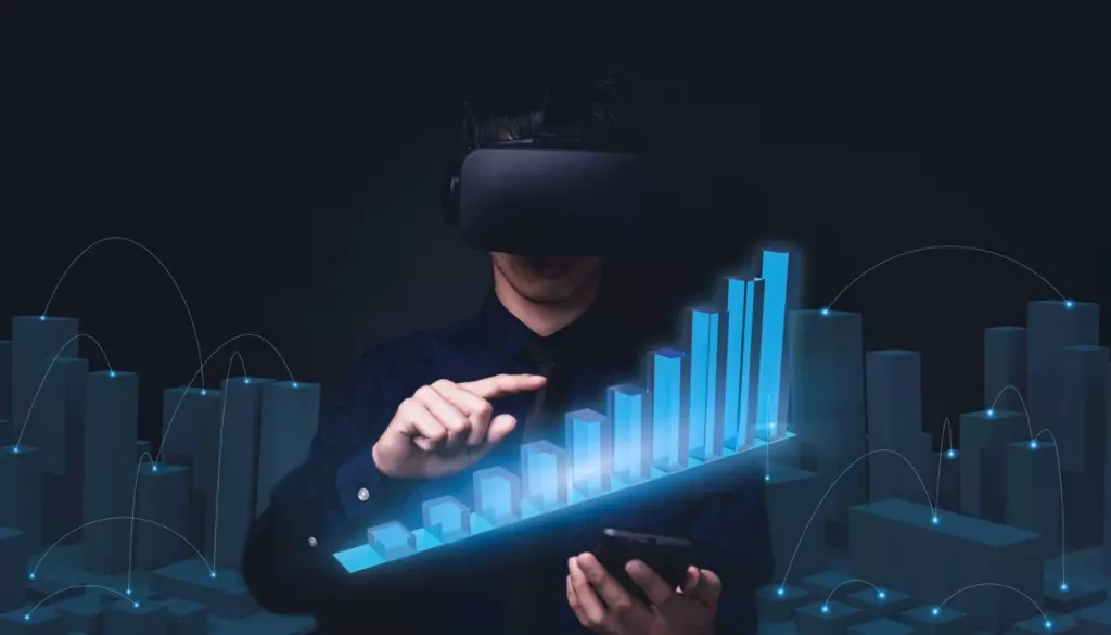 Человек в VR-шлеме с графиками роста, символизирующими объем рынка VR.