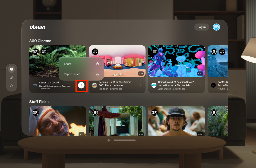 Скриншот интерфейса Vimeo на Apple Vision Pro с разделом пространственных видео и функцией репорта.