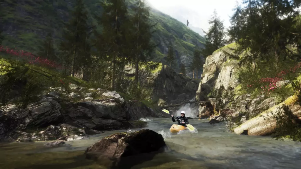 Игрок управляет каяком на бурной реке в игре Whitewater VR.