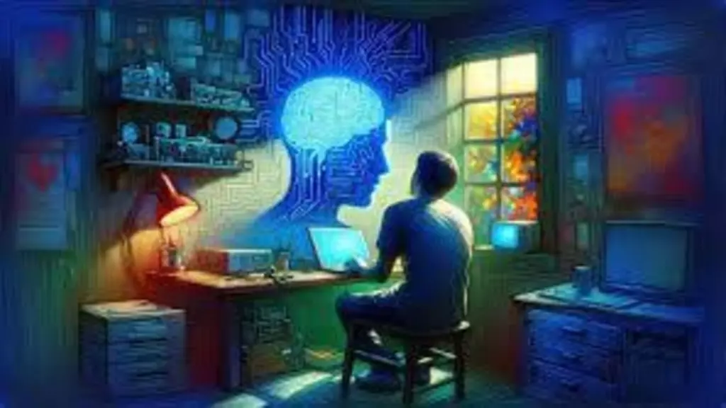 Интелфилия - зависимость от нейросетей. Человек за ноутбуком смотрит на светящийся цифровой мозг на стене.