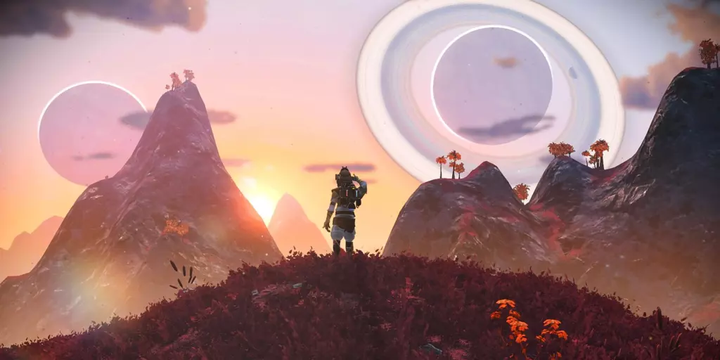 Игрок на планете с горами и кольцевыми планетами на горизонте в No Man's Sky.
