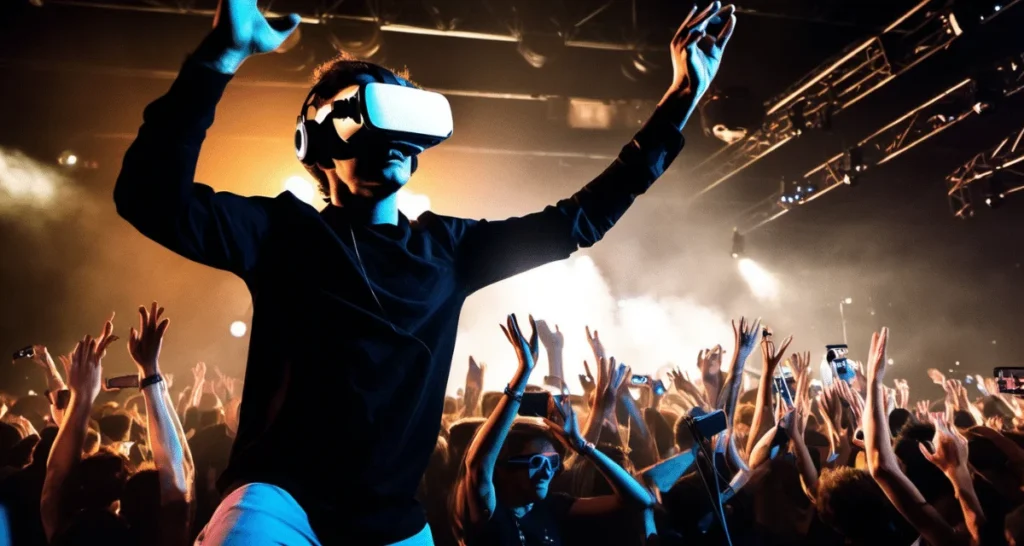 Человек в VR-очках наслаждается виртуальным концертом с пространственным звуком.
