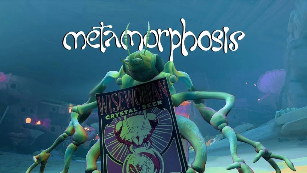 Жук с книгой на фоне надписи Metamorphosis.