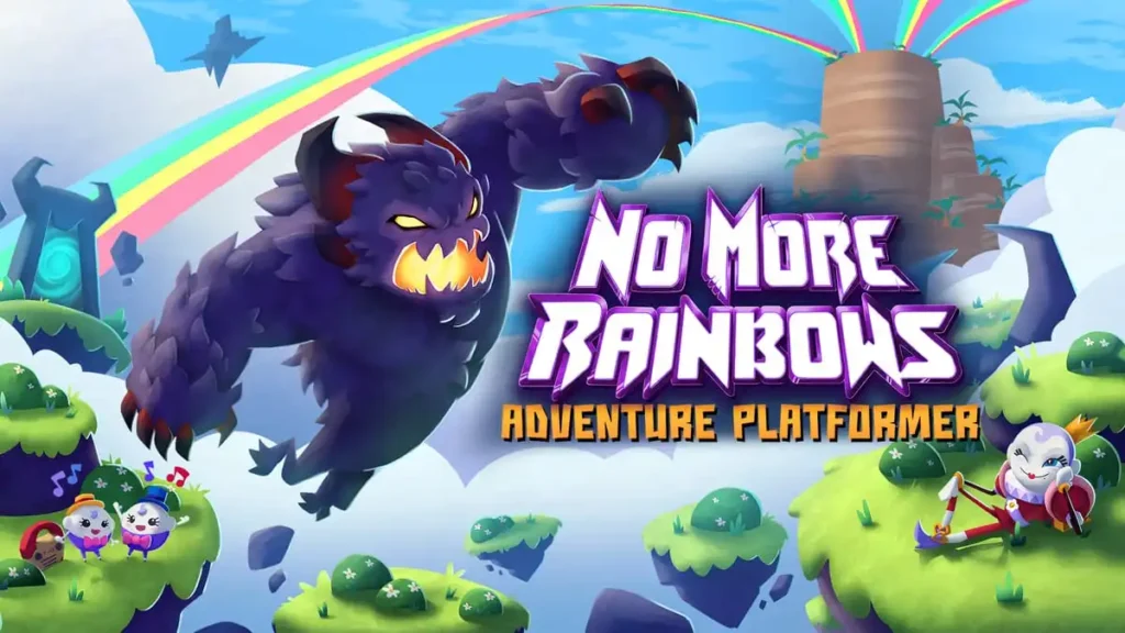 Визуализация игры No More Rainbows с главным героем, Зверем, и персонажами на фоне облаков и радуги.