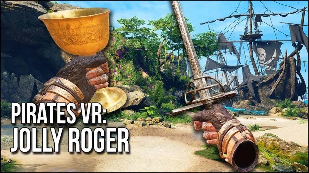 Сцена из Pirates VR: Jolly Roger с золотым кубком и кораблём.