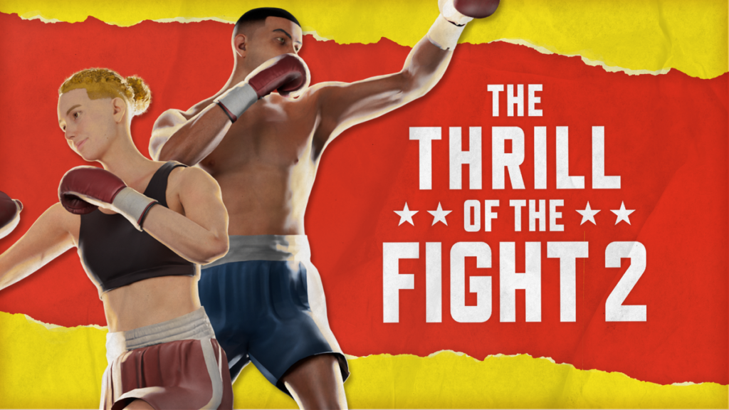 Два бойца в боксерских перчатках на красно-желтом фоне с логотипом Thrill Of The Fight 2.