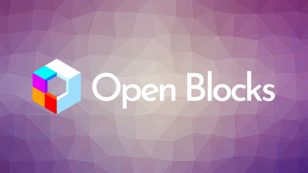 Логотип Open Blocks на фиолетовом фоне с полигонами.