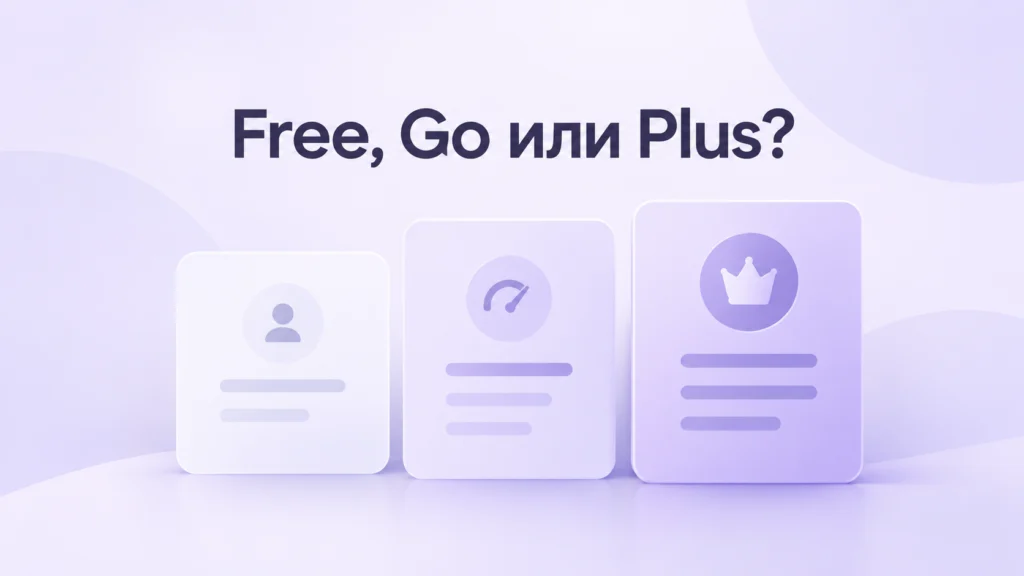 Сравнение ChatGPT Free, Go и Plus — три тарифных плана в спокойных фиолетовых тонах