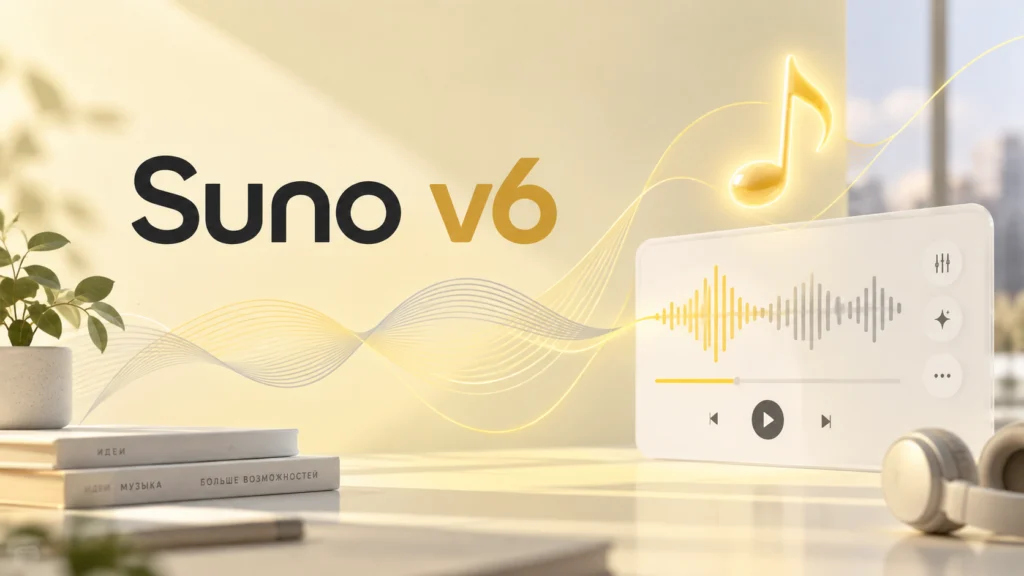 Suno v6 — генерация музыки и интерфейс аудиоплеера
