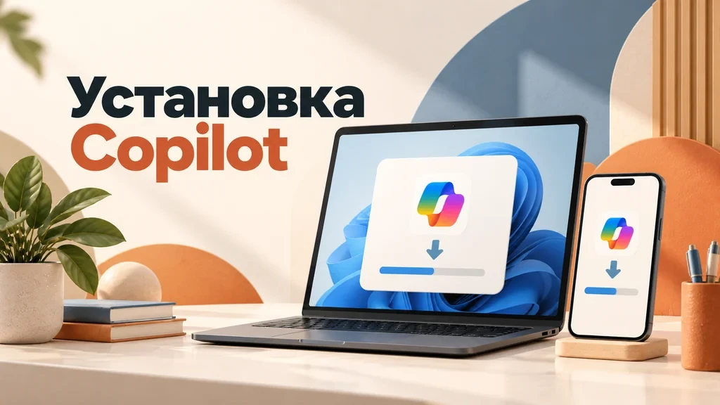 Установка Microsoft Copilot на ноутбук и смартфон, значки загрузки приложения
