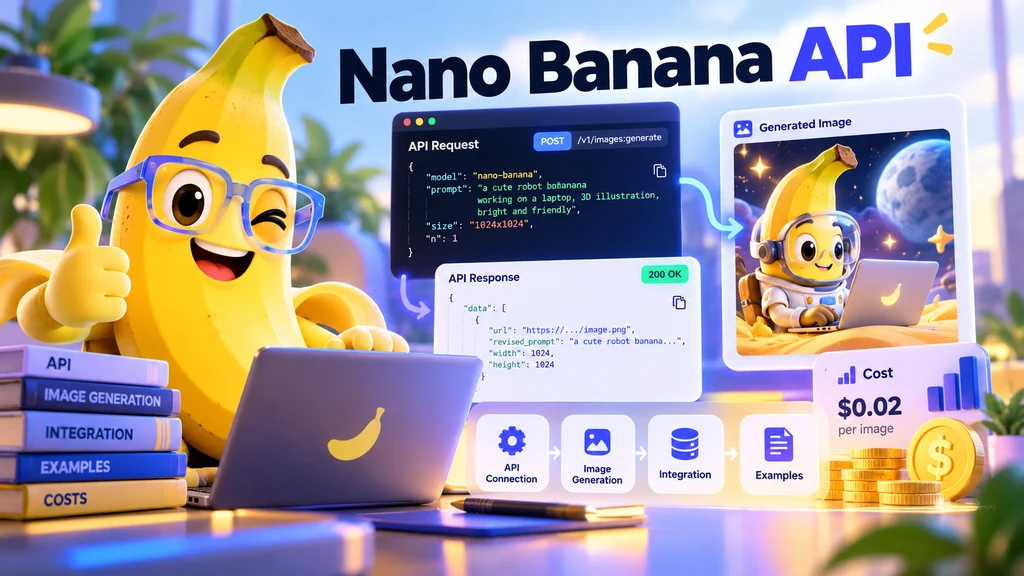Банан за ноутбуком, API-запрос и результат генерации изображения через Nano Banana