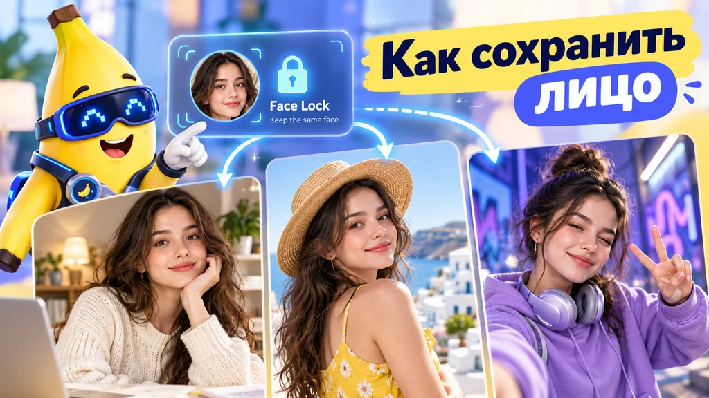 Лицо одной девушки сохраняется на фотографиях с разными одеждой, фоном и позами в Nano Banana