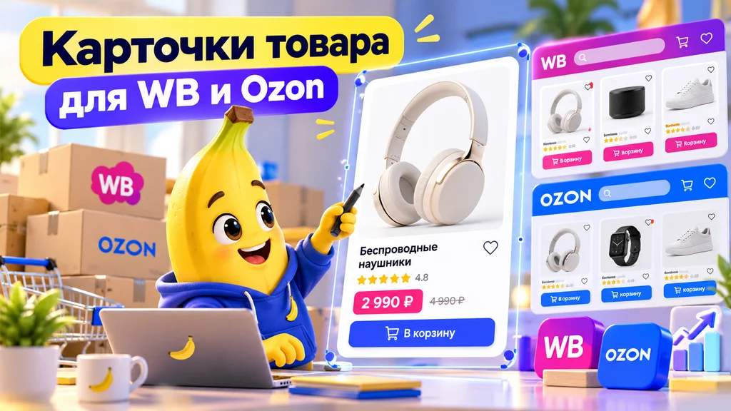 Банан оформляет карточку беспроводных наушников для Wildberries и Ozon
