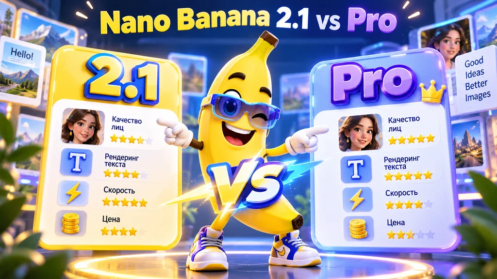 Банан сравнивает Nano Banana 2.1 и Pro по качеству изображений, тексту, скорости и цене