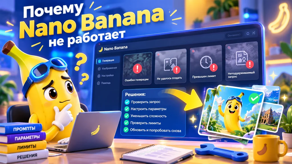 Банан у экрана с ошибками генерации Nano Banana и списком способов их устранения