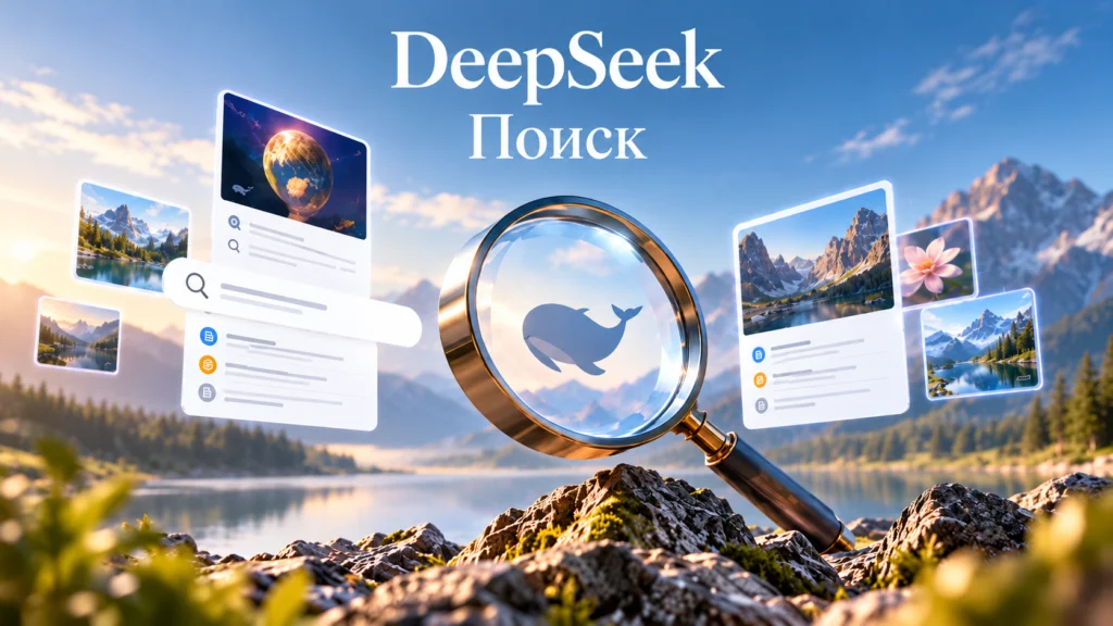 Лупа DeepSeek на фоне горного озера — поиск в интернете