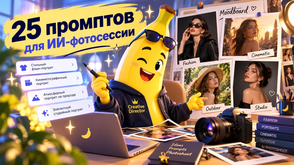 Банан Nano Banana рядом с примерами ИИ-фотосессии: портреты девушки в разных стилях